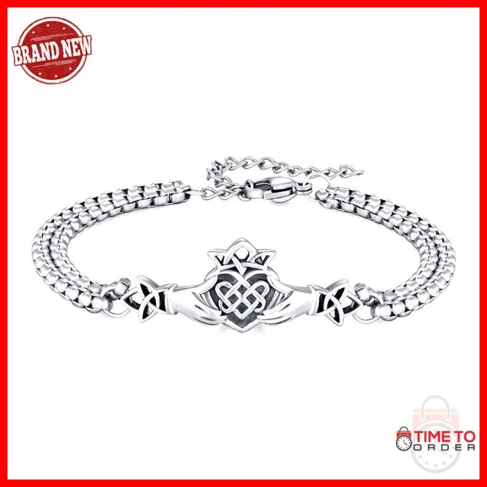 Adjustable Sterling Silver Claddagh Bracelet for Men, Celtic Heart Charm